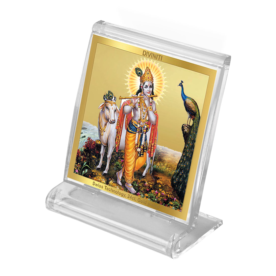 Diviniti 24K Gold Plated Krishna Acrylic Frame for Car Dashboard, Home Decor, Tabletop, Puja Room, Festival Gift ACF3A (5.8x4.8 CM)
