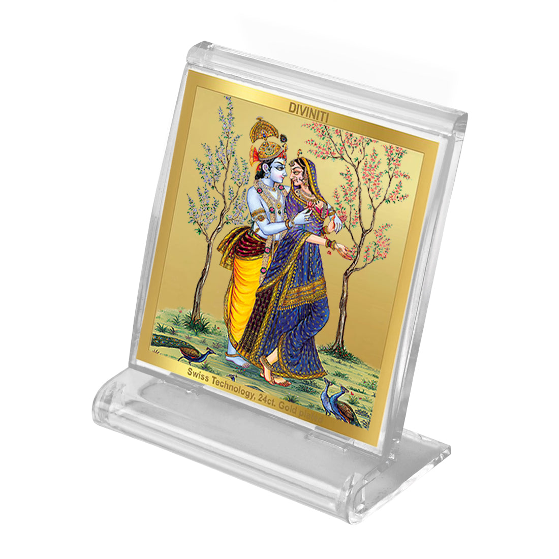 Diviniti 24K Gold Plated Foil Radha Krishna Acrylic Frame for Car Dashboard, Home Decor, Tabletop, Workshop, Festival Gift ACF3A (5.8x4.8 CM)