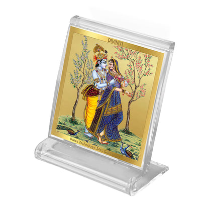 Diviniti 24K Gold Plated Foil Radha Krishna Acrylic Frame for Car Dashboard, Home Decor, Tabletop, Workshop, Festival Gift ACF3A (5.8x4.8 CM)