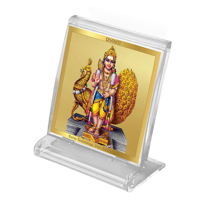 Diviniti 24K Gold Plated Foil Karthikey Acrylic Frame for Car Dashboard, Home Decor, Tabletop, Puja Room, Festival Gift ACF3A (5.8x4.8 CM)