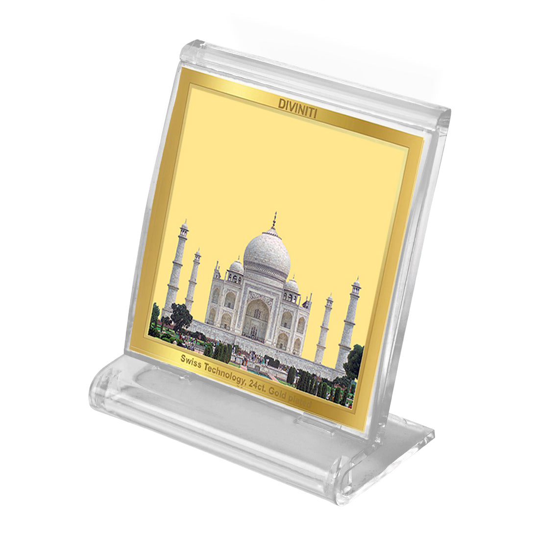 Diviniti 24K Gold Plated Taj Mahal Acrylic Frame for Car Dashboard, Home Decor, Tabletop, Puja Room, Festival Gift ACF3A (5.8x4.8 CM)