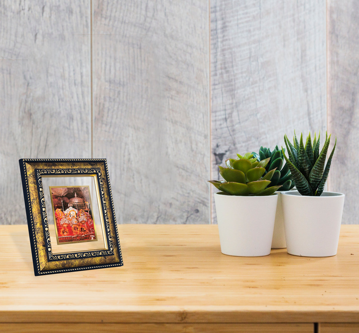 DIVINITI 24K Gold Plated Mata Ka Darbar Photo Frame Idol for Home Decor, Table Top, Wall Hanging, Workshop, Premium Gift|DG113 Size 2 (22.6x18.4 CM)