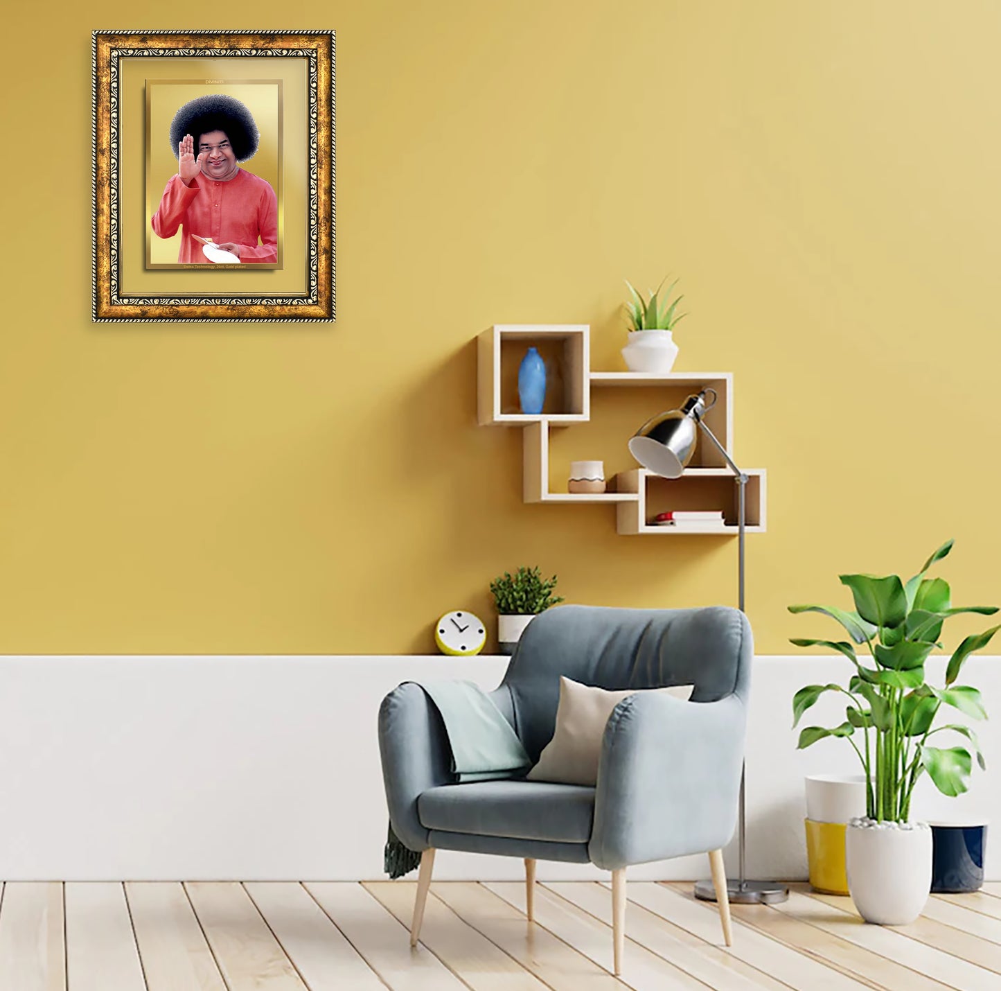 DIVINITI 24K Gold Plated Satya Sai Wall Photo Frame for Home Decor, Wall Hanging, Table Top, Puja Room & Gift DG113S3 (27.6X35.4 CM)