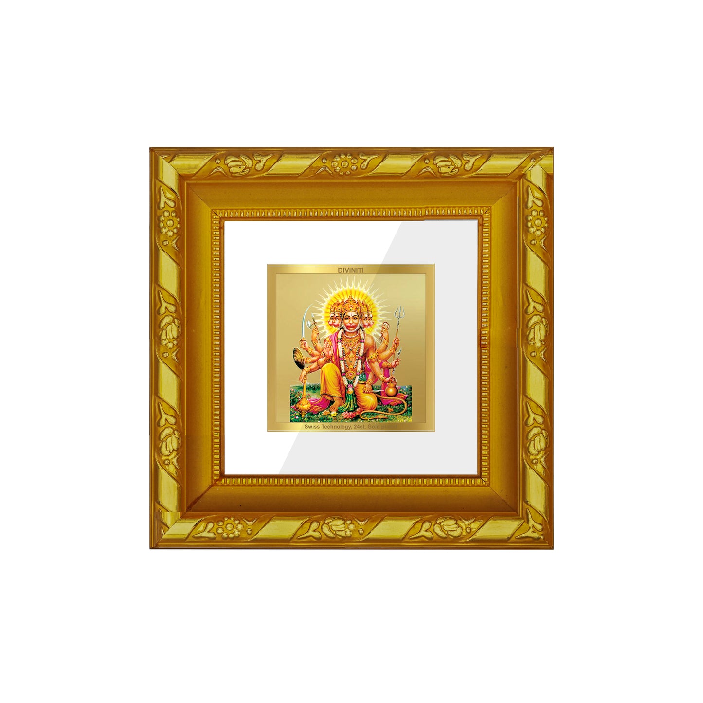 DIVINITI 24K Gold Plated Panchmukhi Hanuman Elegant Photo Frame Idol for Wall Hanging, Puja Room, Home Decor, Workshop, Gifts | DG103S1A (10x10 CM)