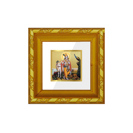 DIVINITI 24K Gold Plated Foil Lord Krishna With Cow Wall Photo Frame Idol for Table Top, Home Decor, Workshop, Gifts | DG103S1A (10x10 CM)