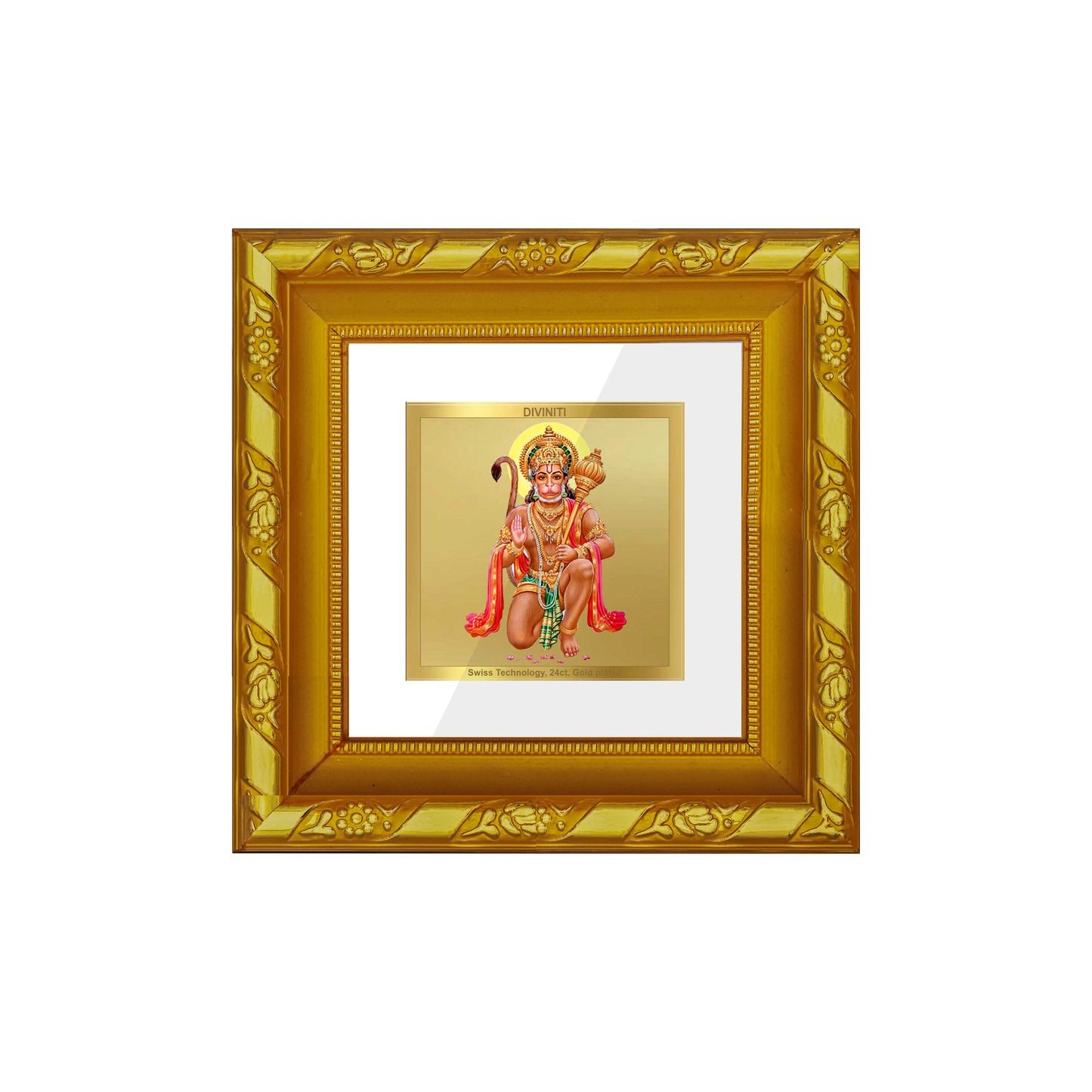 DIVINITI 24K Gold Plated Foil Lord Hanuman Modern Photo Frame Idol for Workshop, Table Top, Home Decor, Puja Room, Gifts|DG103S1A (10x10 CM)