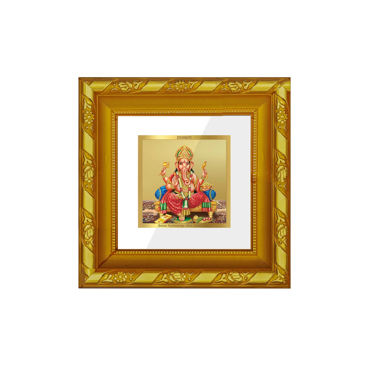 DIVINITI 24K Gold Plated Foil Lord Ganesha Luxurious Wall Photo Frame for Workshop, Table Top, Home Decor, Puja Room, Gifts|DG103S1A (10x10 CM)