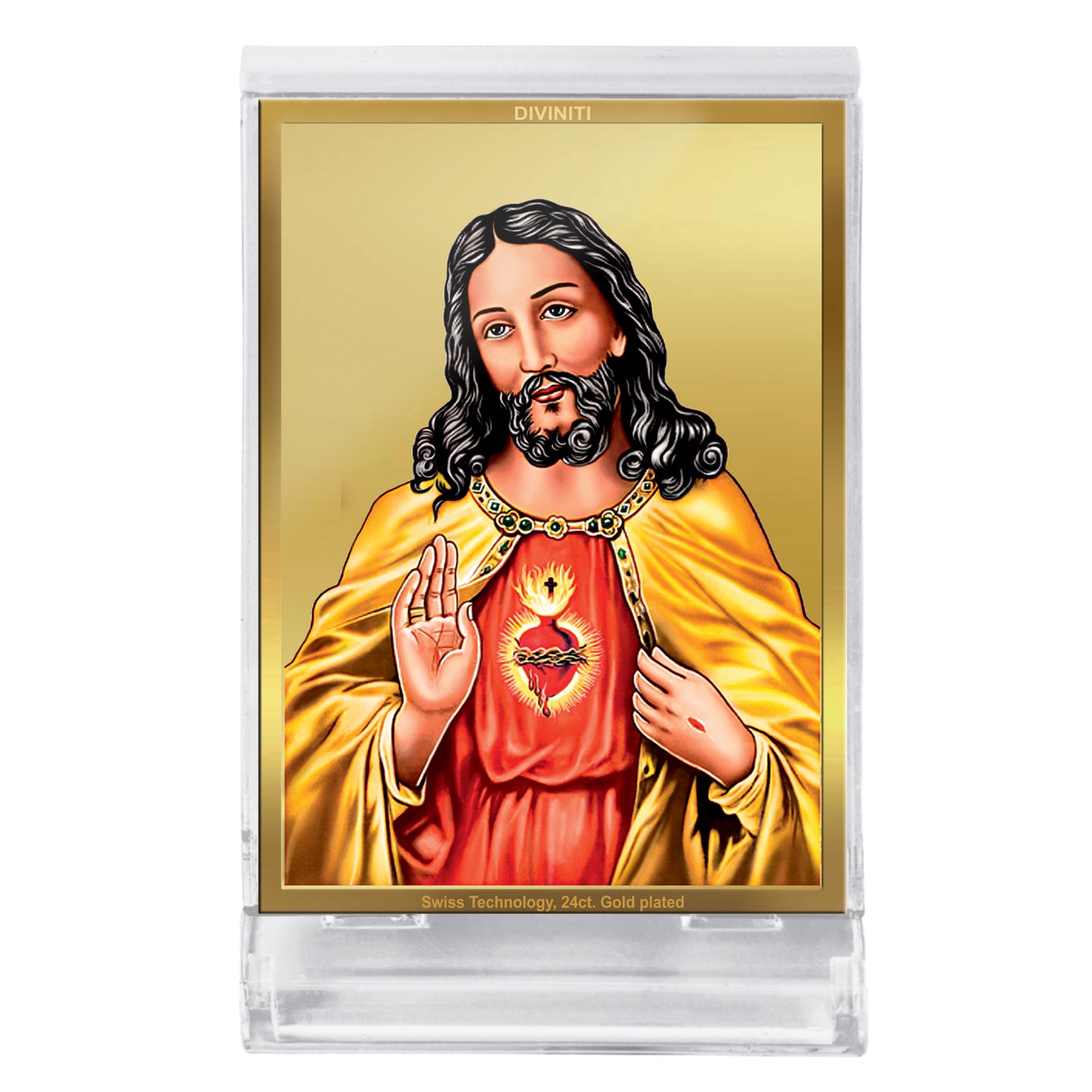 Diviniti 24K Gold Plated Foil Jesus Christ Frame For Car Dashboard, Home Decor, Tabletop and Gift (11 x 6.8 CM)