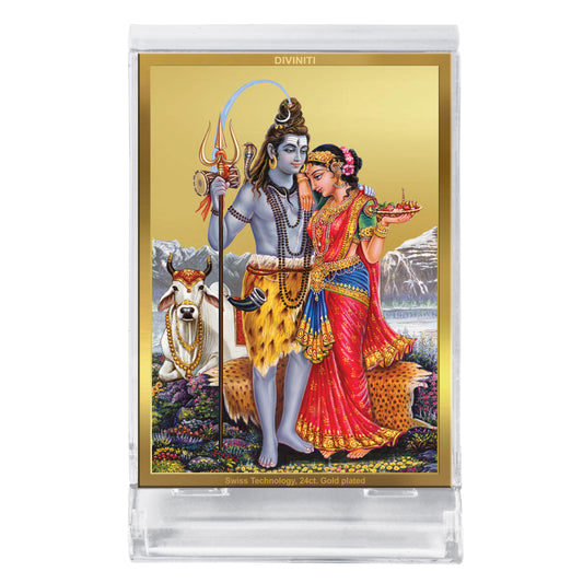 Diviniti 24K Gold Plated Foil Shiva Parvati Frame For Car Dashboard, Home Decor, Puja, Festival Gift (11 x 6.8 CM)