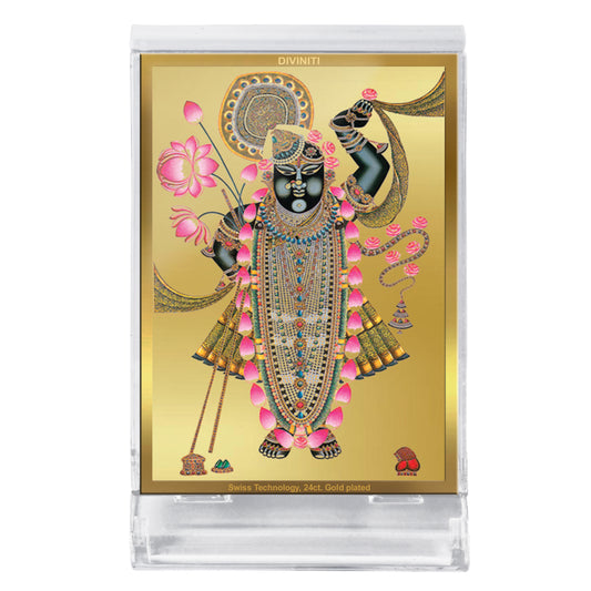 Diviniti 24K Gold Plated Foil Srinathji Frame For Car Dashboard, Home Decor, Tabletop, Puja and Gift (11 x 6.8 CM)
