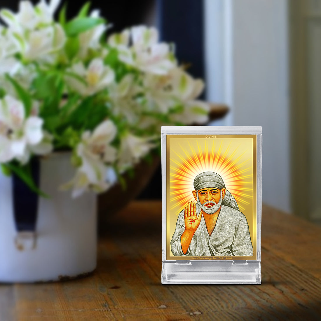 Diviniti 24K Gold Plated Foil Sai Baba Frame For Car Dashboard & Home Decor Showpiece (11 x 6.8 CM)