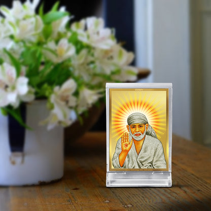 Diviniti 24K Gold Plated Foil Sai Baba Frame For Car Dashboard & Home Decor Showpiece (11 x 6.8 CM)