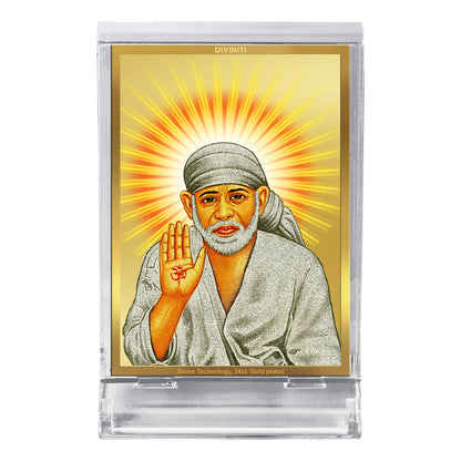 Diviniti 24K Gold Plated Foil Sai Baba Frame For Car Dashboard & Home Decor Showpiece (11 x 6.8 CM)