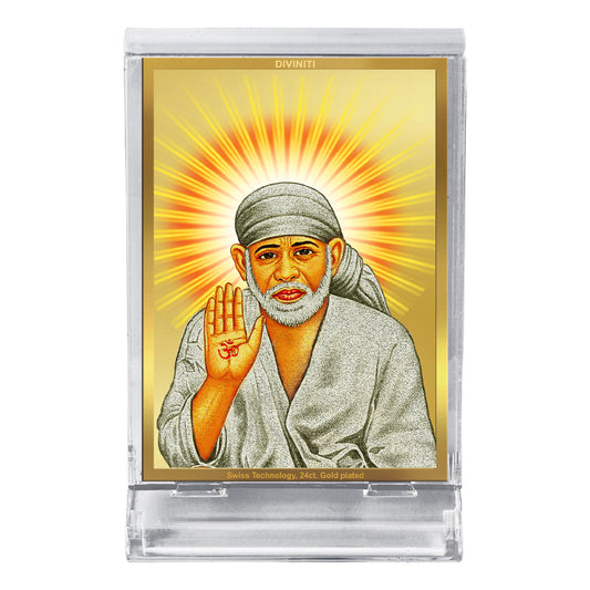 Diviniti 24K Gold Plated Foil Sai Baba Frame For Car Dashboard & Home Decor Showpiece (11 x 6.8 CM)