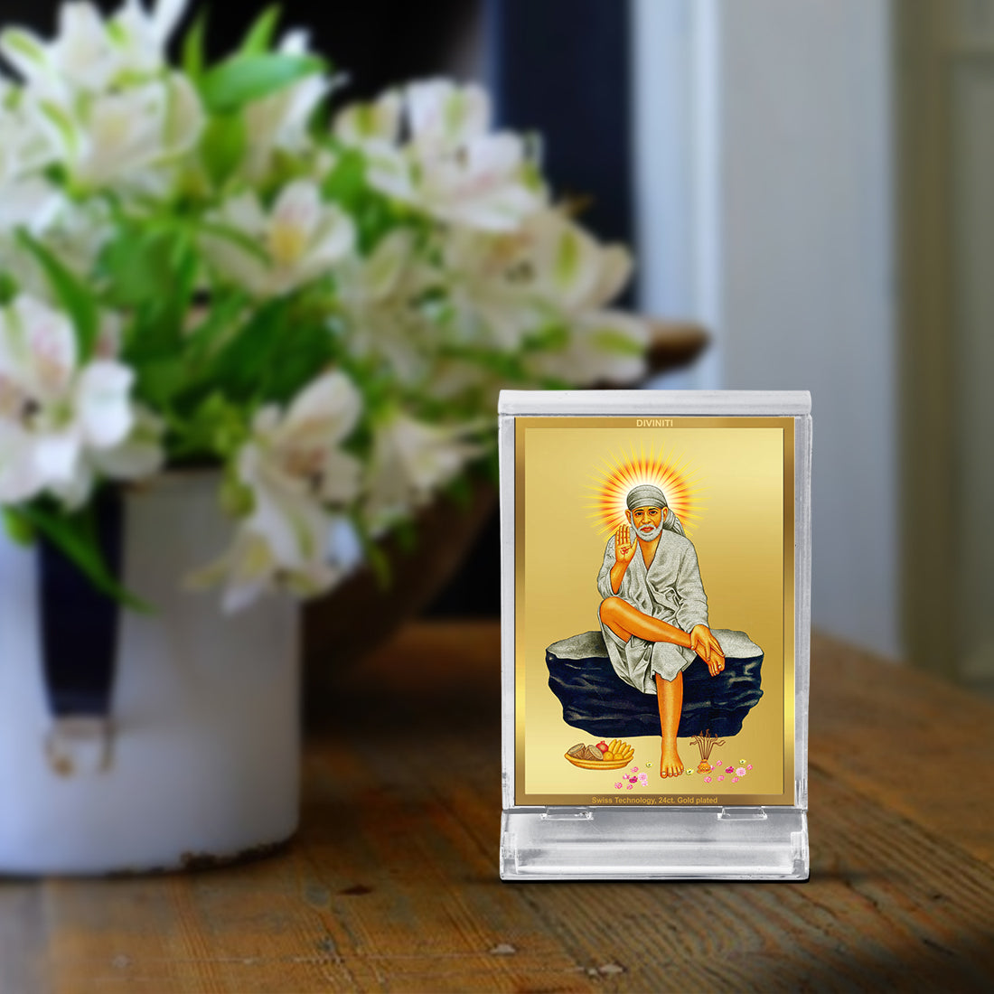 Diviniti 24K Gold Plated Sai Baba Frame For Car Dashboard, Home Decor, Tabletop and Gift (11 x 6.8 CM)