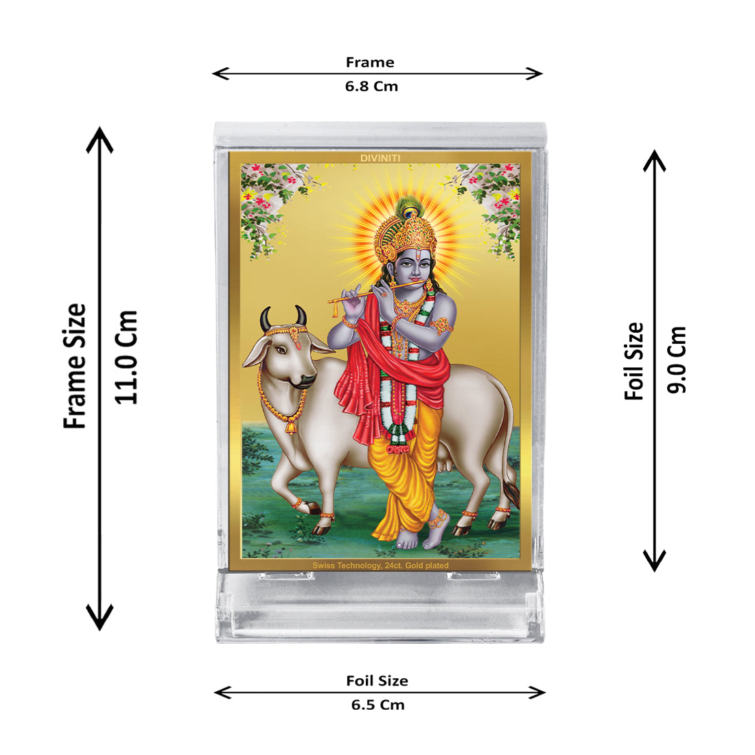 Diviniti 24K Gold Plated Foil Krishna Frame For Car Dashboard, Home Decor, Table Top, Puja, Gift (11 x 6.8 CM)