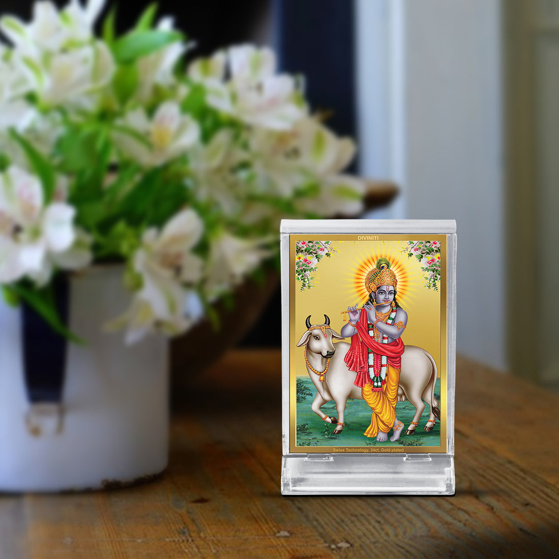 Diviniti 24K Gold Plated Foil Krishna Frame For Car Dashboard, Home Decor, Table Top, Puja, Gift (11 x 6.8 CM)