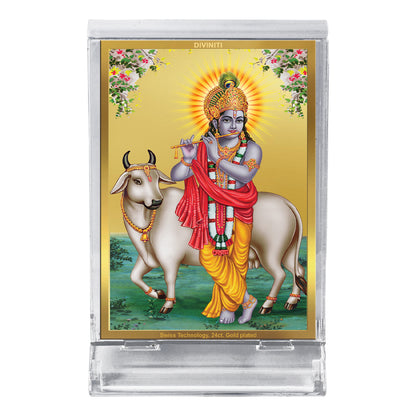 Diviniti 24K Gold Plated Foil Krishna Frame For Car Dashboard, Home Decor, Table Top, Puja, Gift (11 x 6.8 CM)