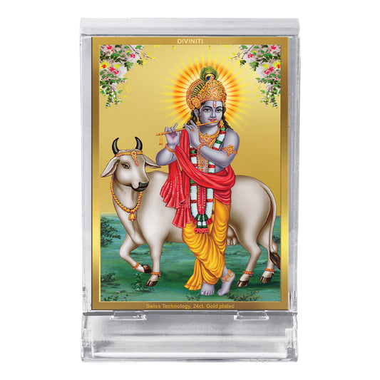 Diviniti 24K Gold Plated Foil Krishna Frame For Car Dashboard, Home Decor, Table Top, Puja, Gift (11 x 6.8 CM)