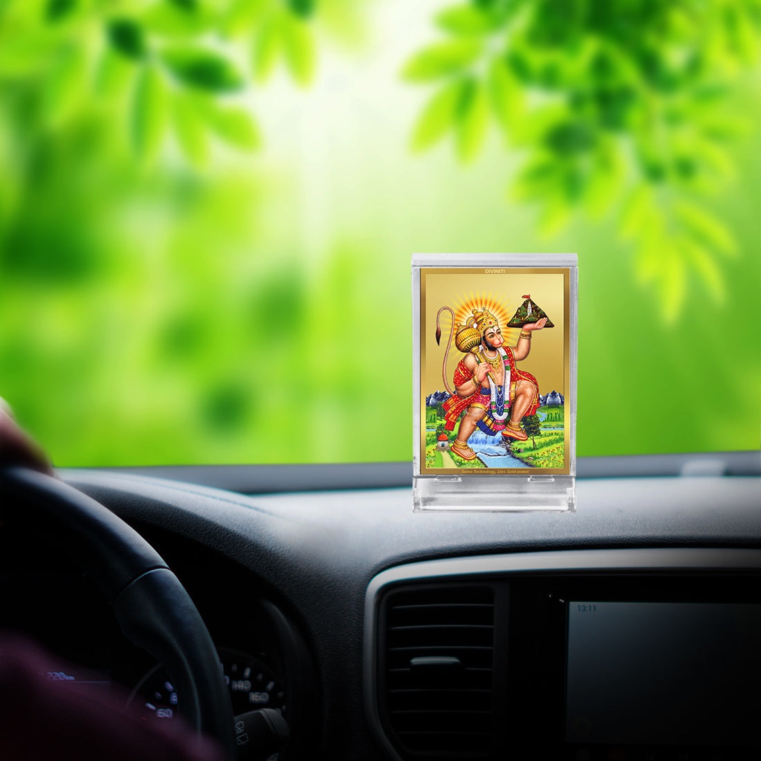 Diviniti 24K Gold Plated Foil Hanuman-5 Frame For Car Dashboard, Home Decor, Tabletop, Puja, Gift (ACF 3)(11 x 6.8 CM)