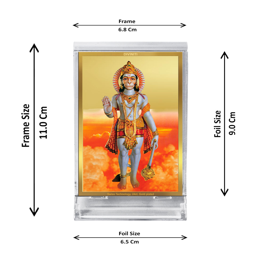 Diviniti 24K Gold Plated Foil God Hanuman Frame For Car Dashboard, Home Decor, Festival Gift (11 x 6.8 CM)