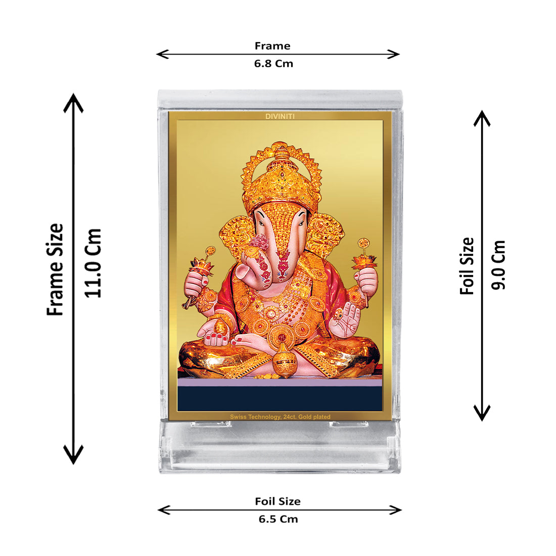 Diviniti 24K Gold Plated Foil Dagdusheth Ganpati Frame For Car Dashboard, Home Decor, Table Top, Gift (11 x 6.8 CM)