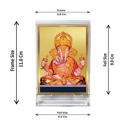 Diviniti 24K Gold Plated Foil Dagdusheth Ganpati Frame For Car Dashboard, Home Decor, Table Top, Gift (11 x 6.8 CM)