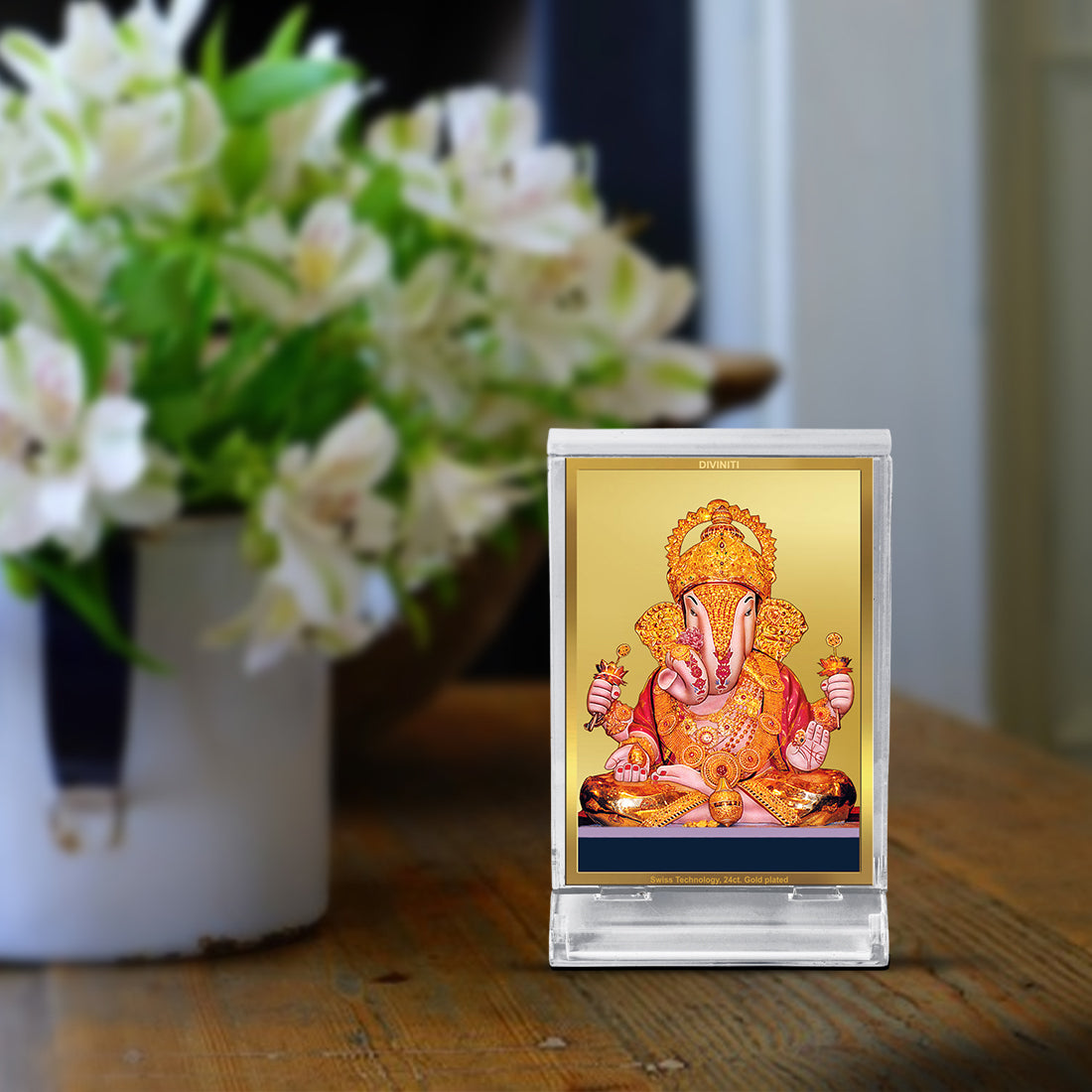 Diviniti 24K Gold Plated Foil Dagdusheth Ganpati Frame For Car Dashboard, Home Decor, Table Top, Gift (11 x 6.8 CM)