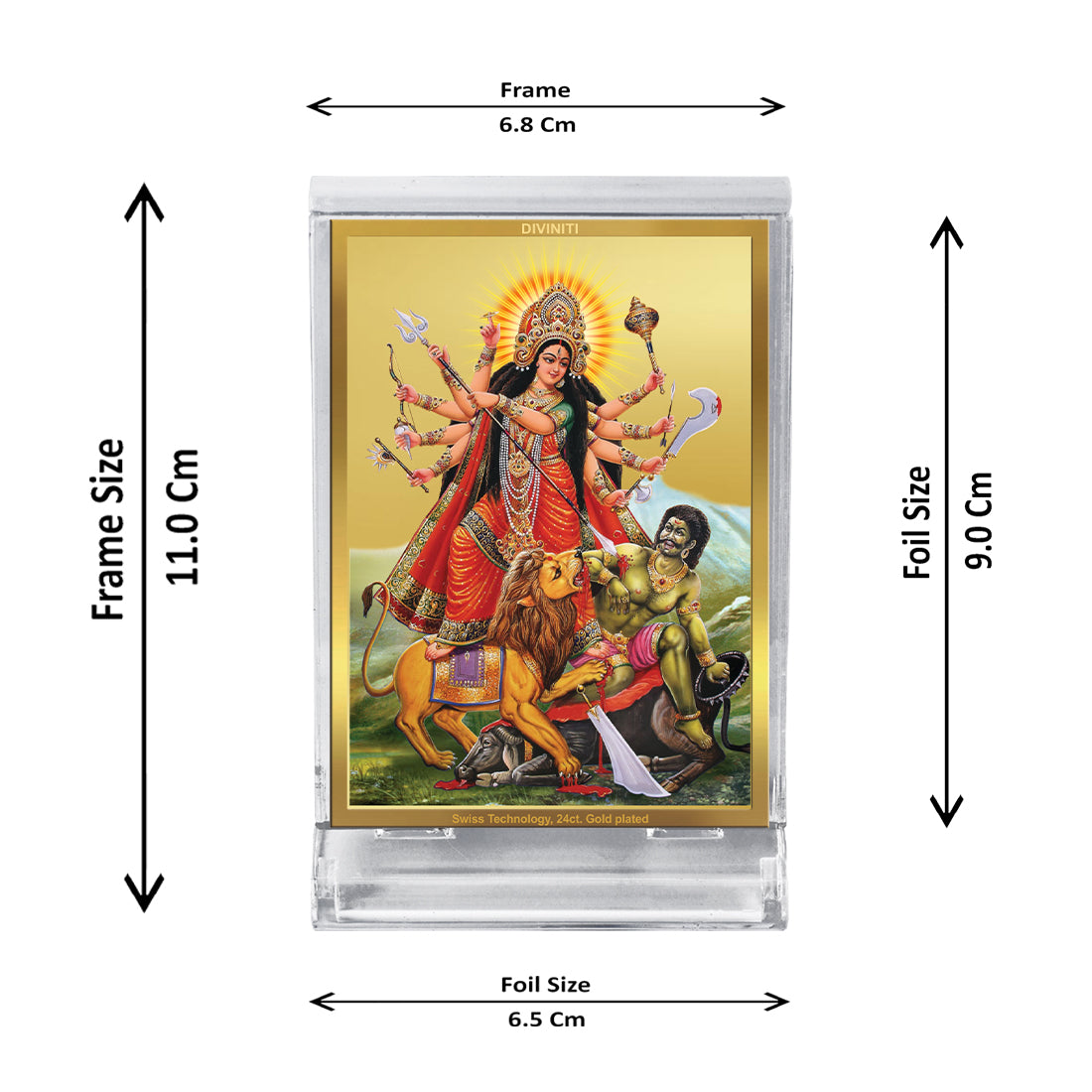 DIVINITI 24K Gold Plated Foil Durga-2 Frame For Car Dashboard, Home Decor, Puja, Festival Gift (ACF 3)(11 x 6.8 CM)