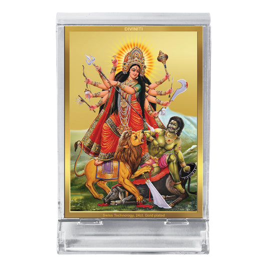 DIVINITI 24K Gold Plated Foil Durga-2 Frame For Car Dashboard, Home Decor, Puja, Festival Gift (ACF 3)(11 x 6.8 CM)