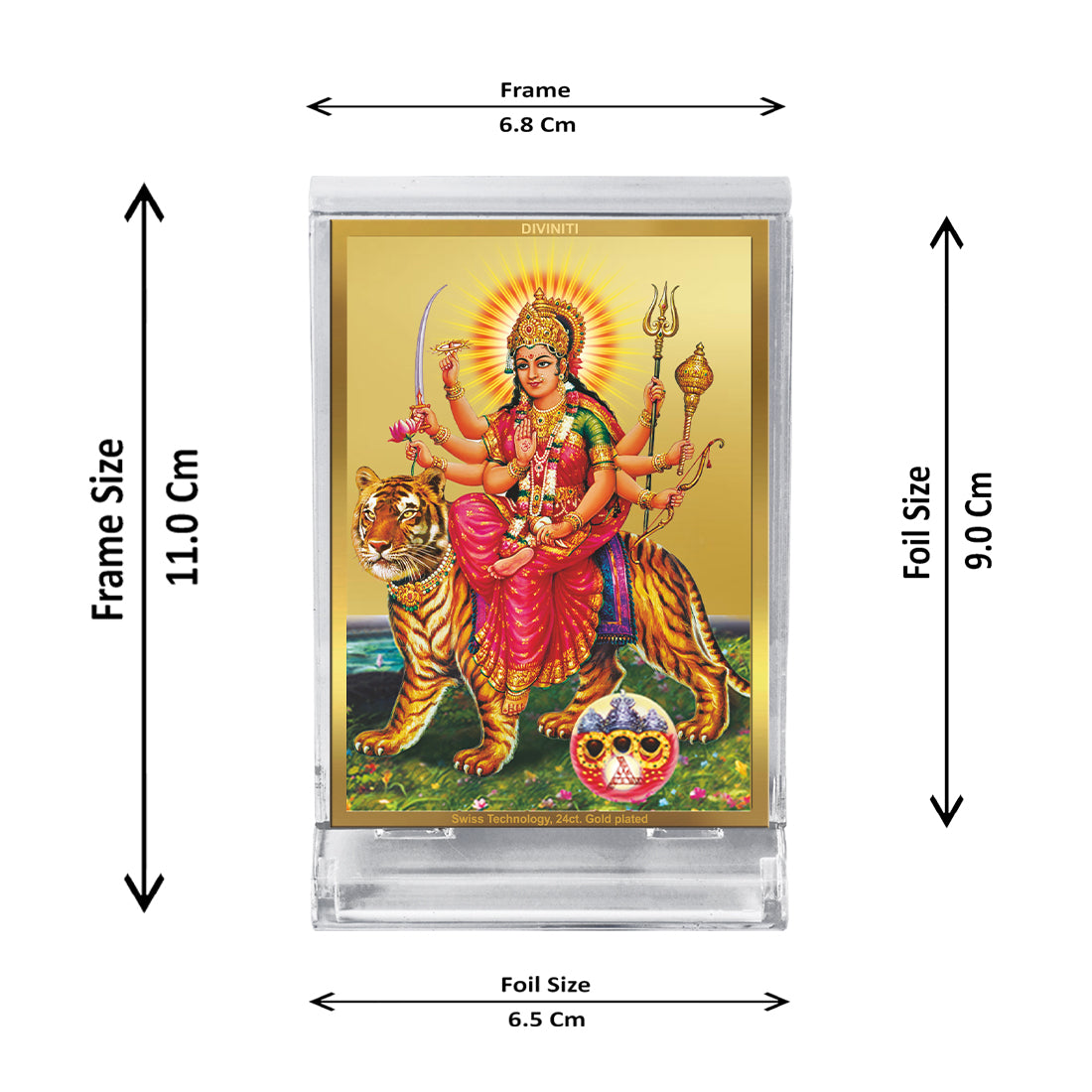 DIVINITI 24K Gold Plated Durga-1 Frame For Car Dashboard, Home Decor, Tabletop, Puja Room, Gift (ACF 3)(11 x 6.8 CM)