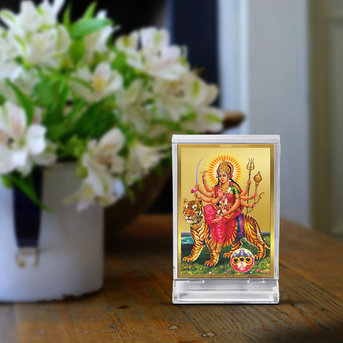 DIVINITI 24K Gold Plated Durga-1 Frame For Car Dashboard, Home Decor, Tabletop, Puja Room, Gift (ACF 3)(11 x 6.8 CM)