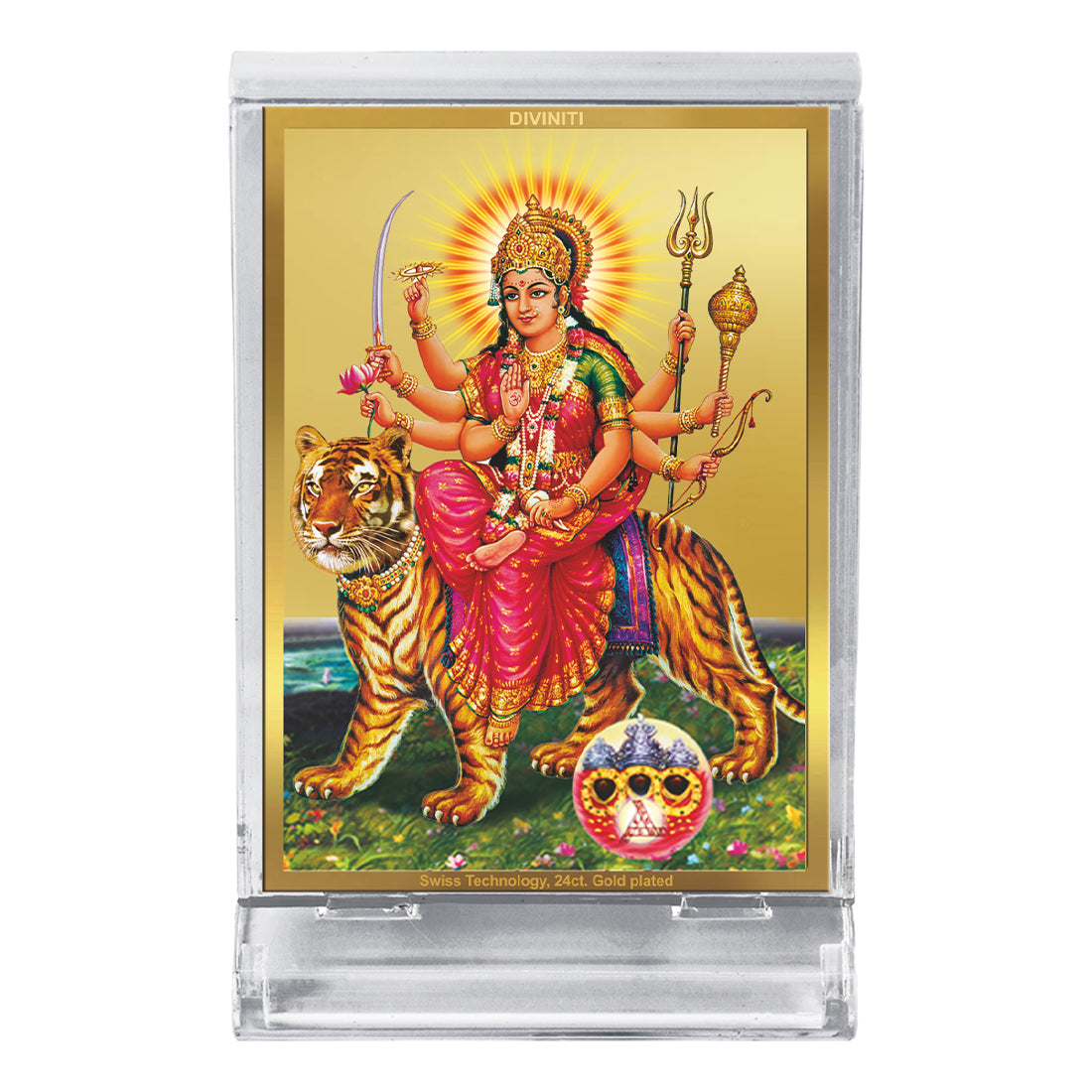 DIVINITI 24K Gold Plated Durga-1 Frame For Car Dashboard, Home Decor, Tabletop, Puja Room, Gift (ACF 3)(11 x 6.8 CM)
