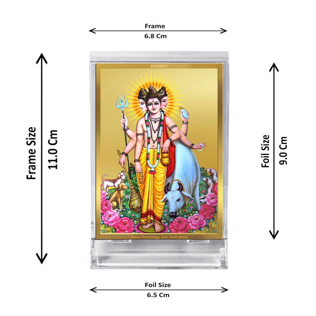 Diviniti 24K Gold Plated Foil Dattatreya Frame For Car Dashboard, Home Decor, Worship, Festival Gift (11 x 6.8 CM)
