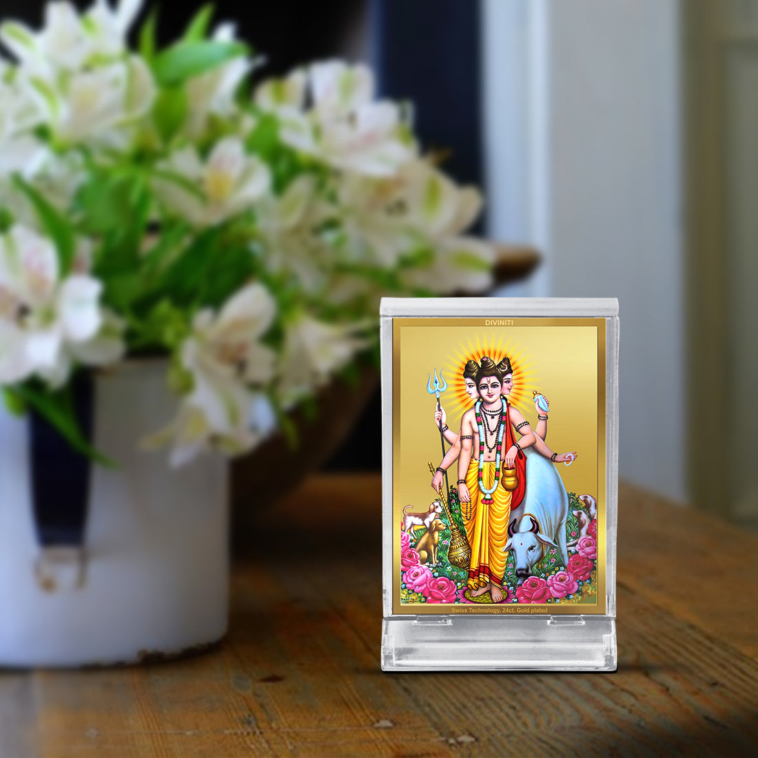 Diviniti 24K Gold Plated Foil Dattatreya Frame For Car Dashboard, Home Decor, Worship, Festival Gift (11 x 6.8 CM)