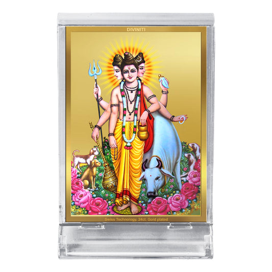Diviniti 24K Gold Plated Foil Dattatreya Frame For Car Dashboard, Home Decor, Worship, Festival Gift (11 x 6.8 CM)