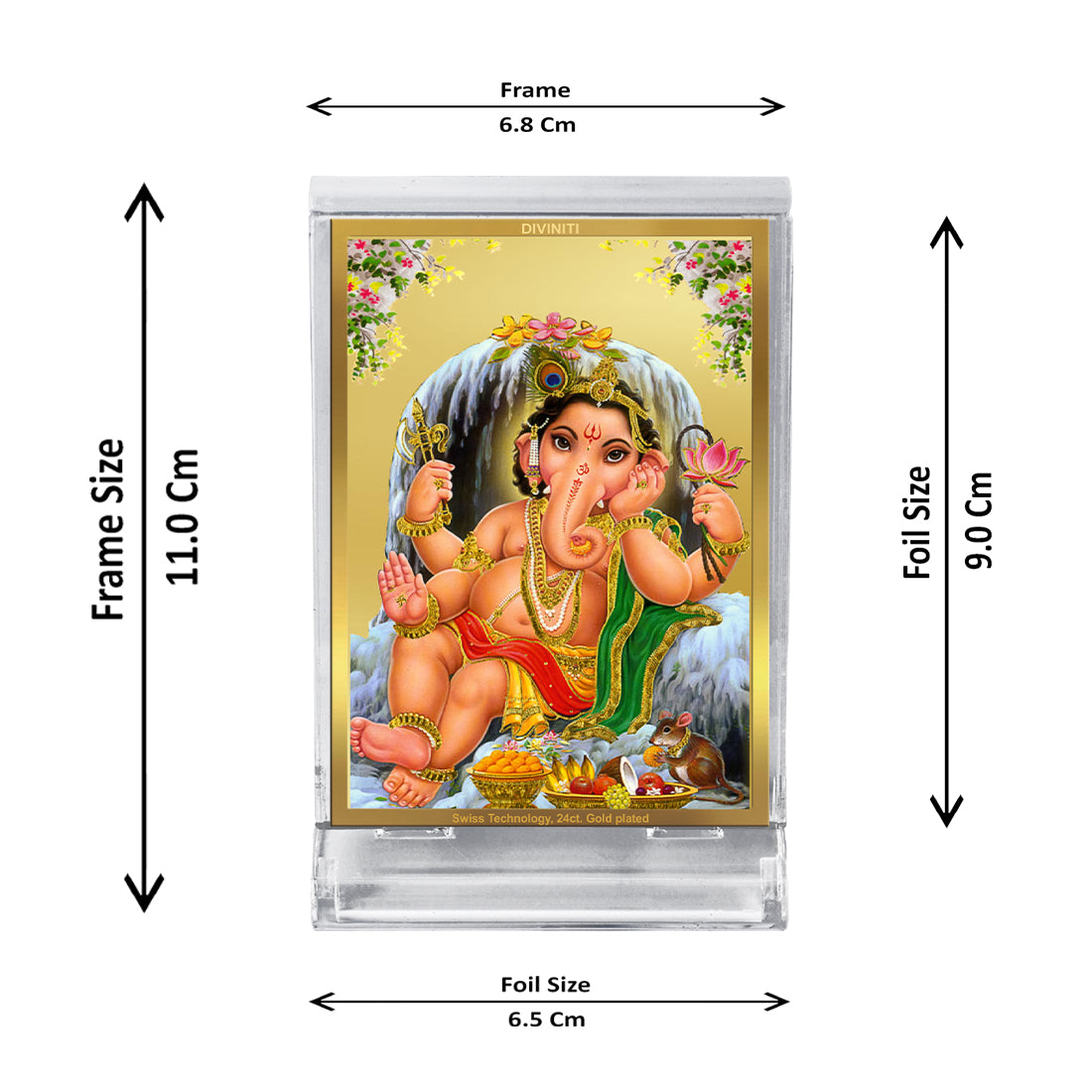 Diviniti 24K Gold Plated Foil Bal Ganesha Frame For Car Dashboard, Home Decor, Table Top & Gift (11x6.8 CM)