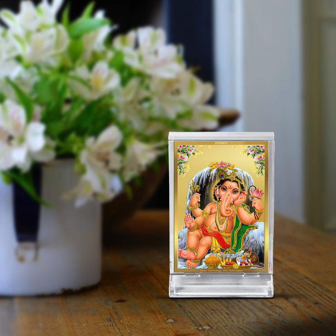 Diviniti 24K Gold Plated Foil Bal Ganesha Frame For Car Dashboard, Home Decor, Table Top & Gift (11x6.8 CM)