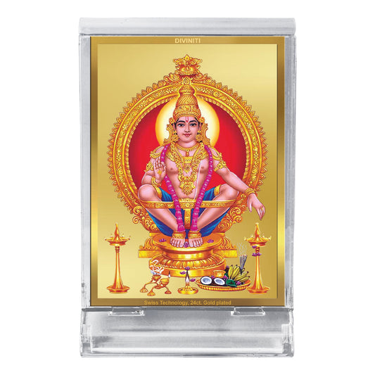 Diviniti 24K Gold Plated Foil Ayyappan Frame For Car Dashboard, Home Decor, Worship & Gift (11 x 6.8 CM)