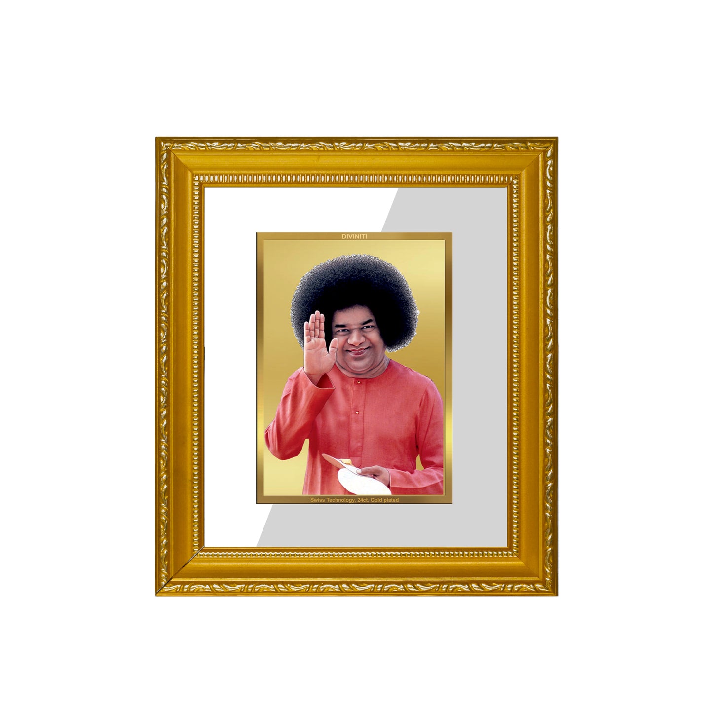 DIVINITI 24K Gold Plated Foil Sathya Sai Baba Wall Photo Frame Religious Photo Frame Idol for Home & Office Decor Prayer, Gifts Items DG 101 Size 1 (15.3x14.9 CM)