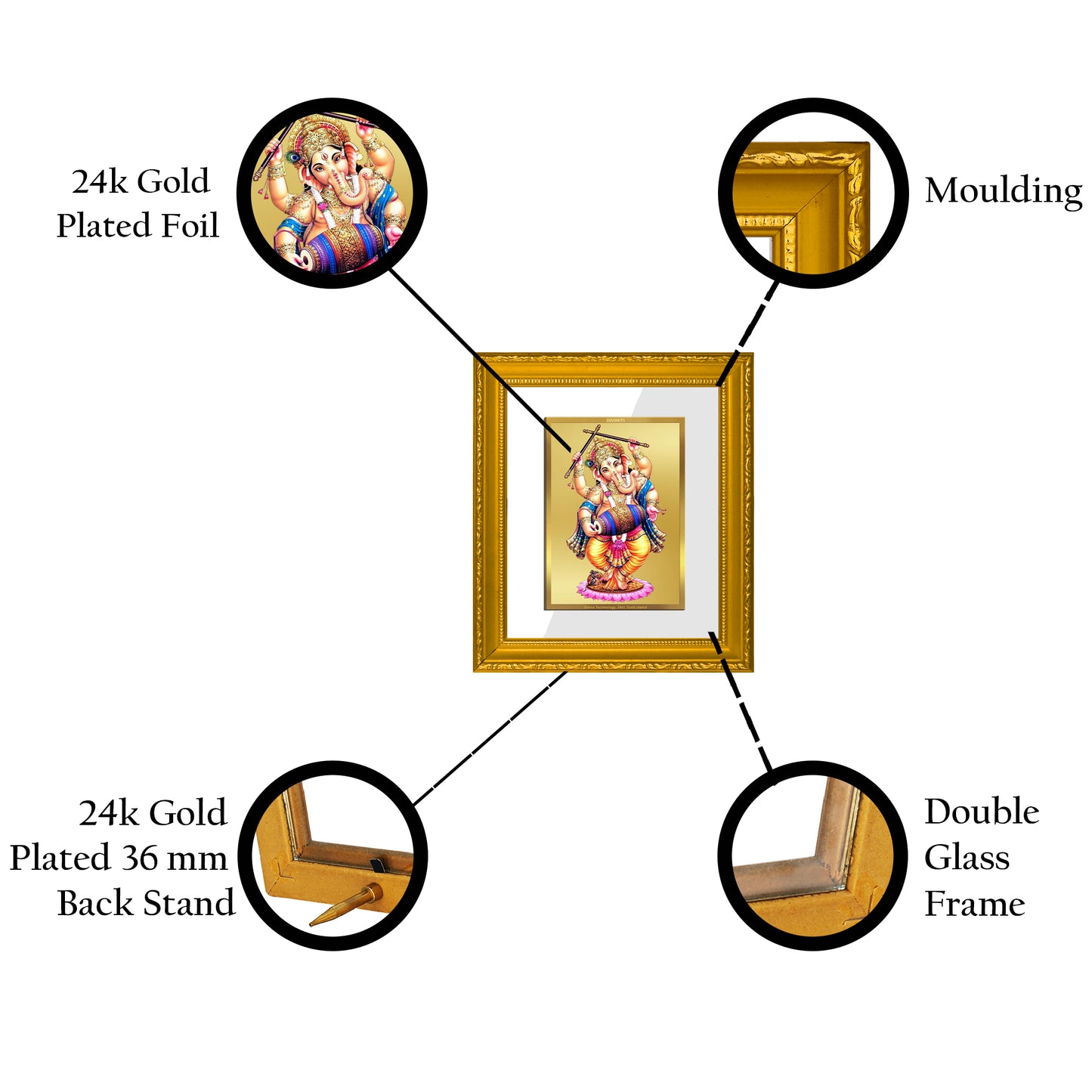 DIVINITI 24K Gold Plated Foil Ganesha Wall Photo Frame Religious Photo Frame Idol for Home & Office Decor Prayer Gifts Item DG 101 Size 1 (15.3x14.9 CM)
