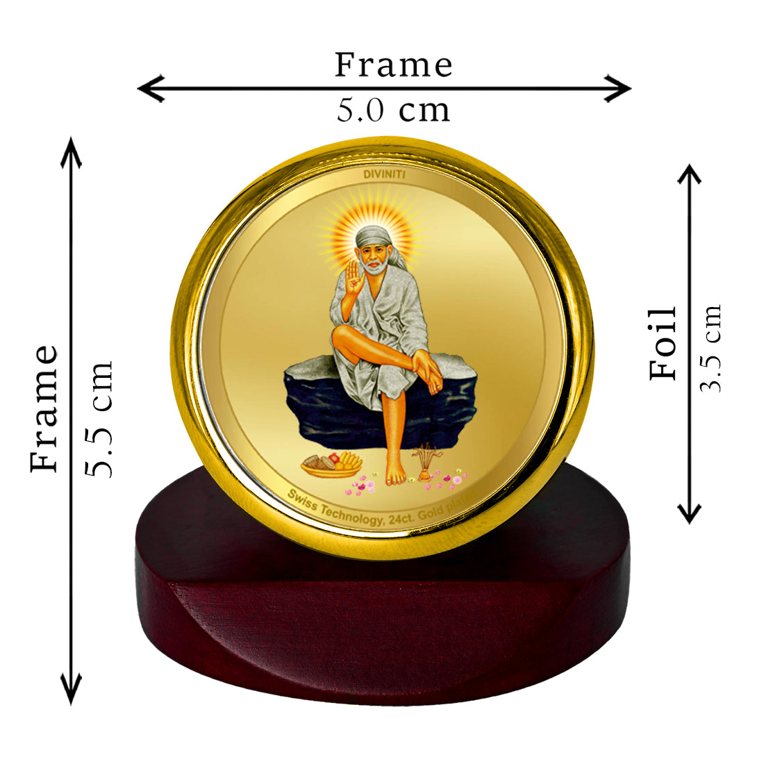 Diviniti 24K Gold Plated Foil Sai Baba Photo Frame for Car Dashboard, Home Decor, Table Top, Puja Room Worship and Festival Gift MCF1CGOLD (5.5x5 CM)
