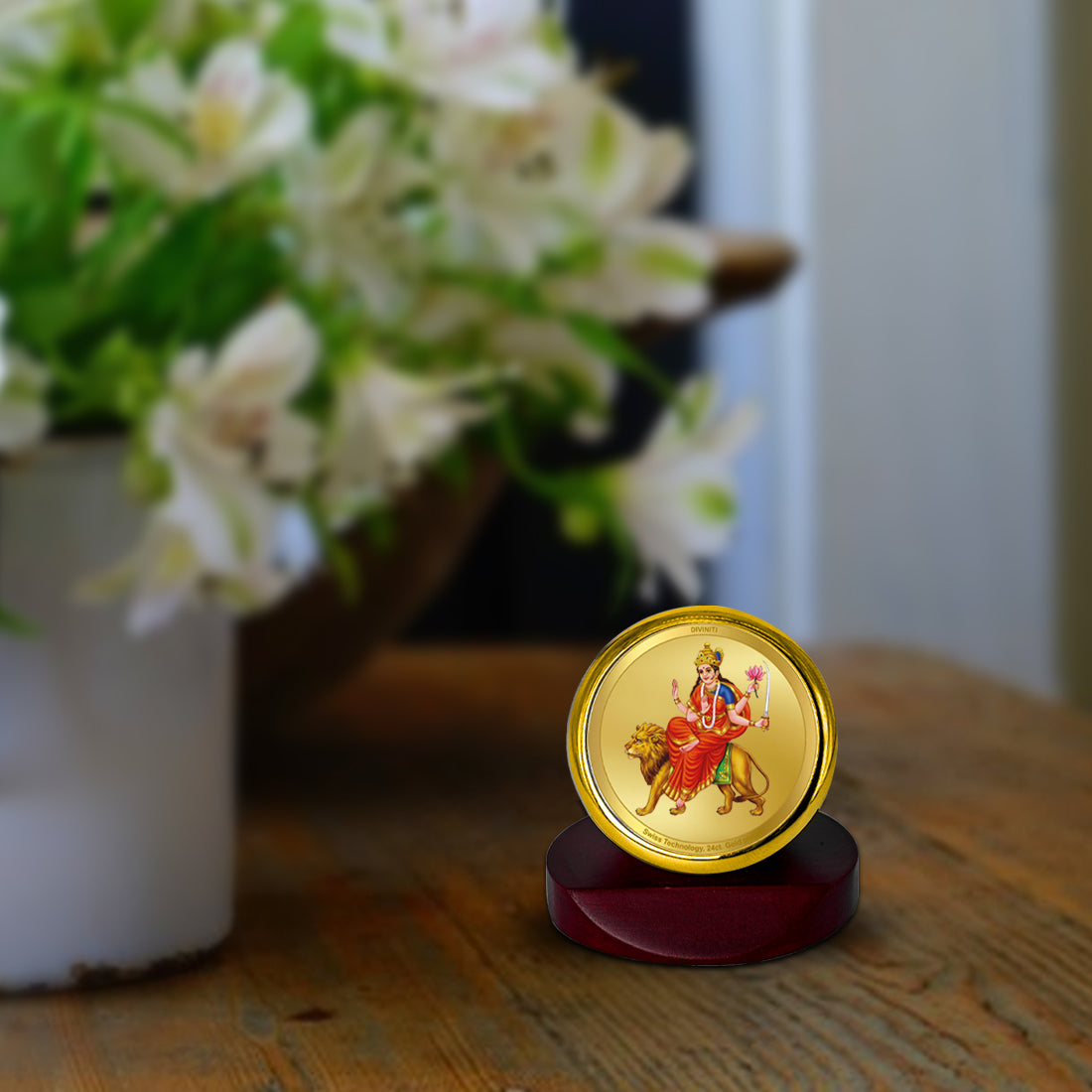 Diviniti 24K Gold Plated Foil Katyani Mata Photo Frame for Car Dashboard, Home Decor, Table Top, Puja Room Worship and Festival Gift MCF1CGOLD (5.5x5 CM)