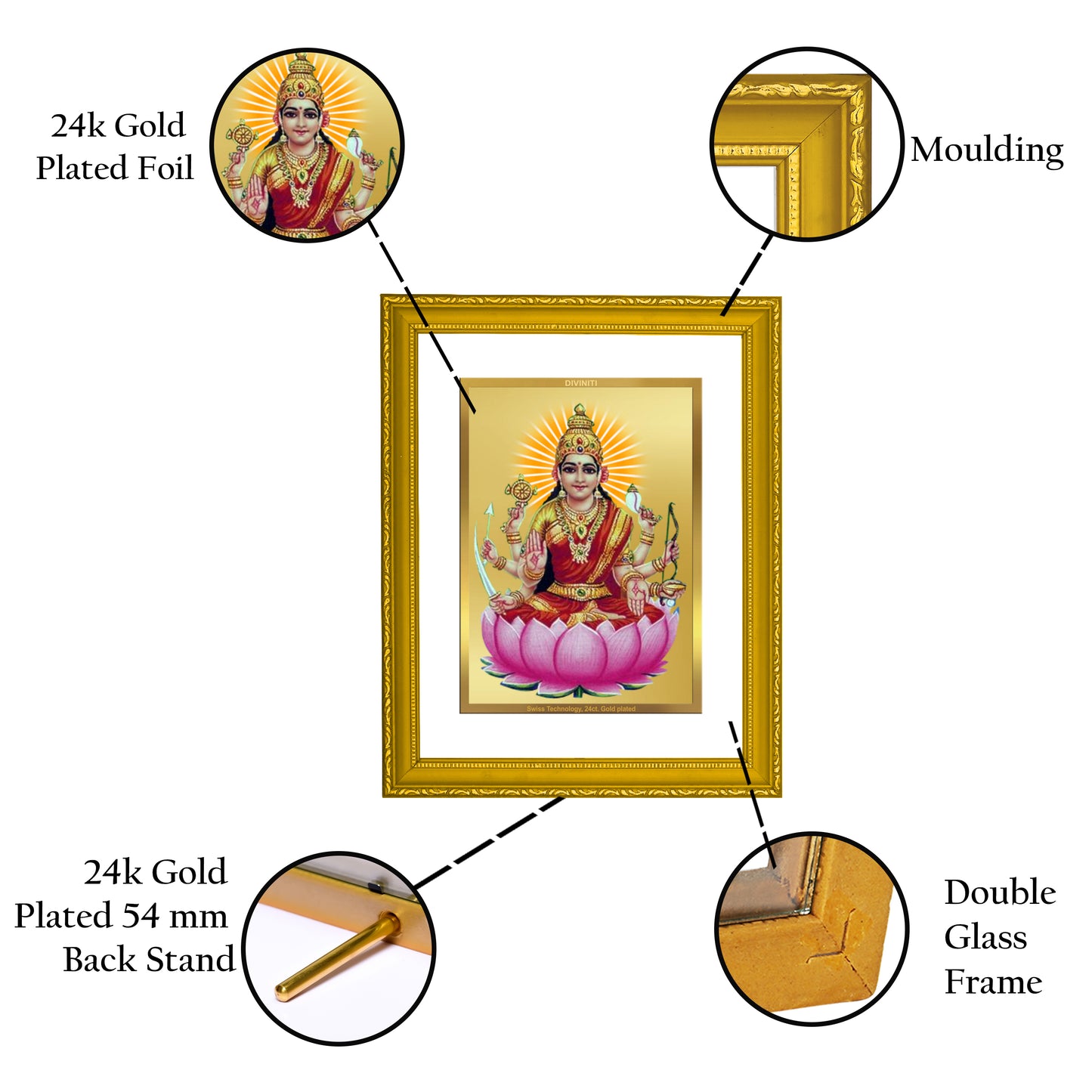 DIVINITI 24K Gold Plated Veer Laxmi Traditional Photo Frame Idol for Home Wall Decor, Workshop, Table Top, Premium Gift|DG101 Size 2 (22.6x18.4 CM)