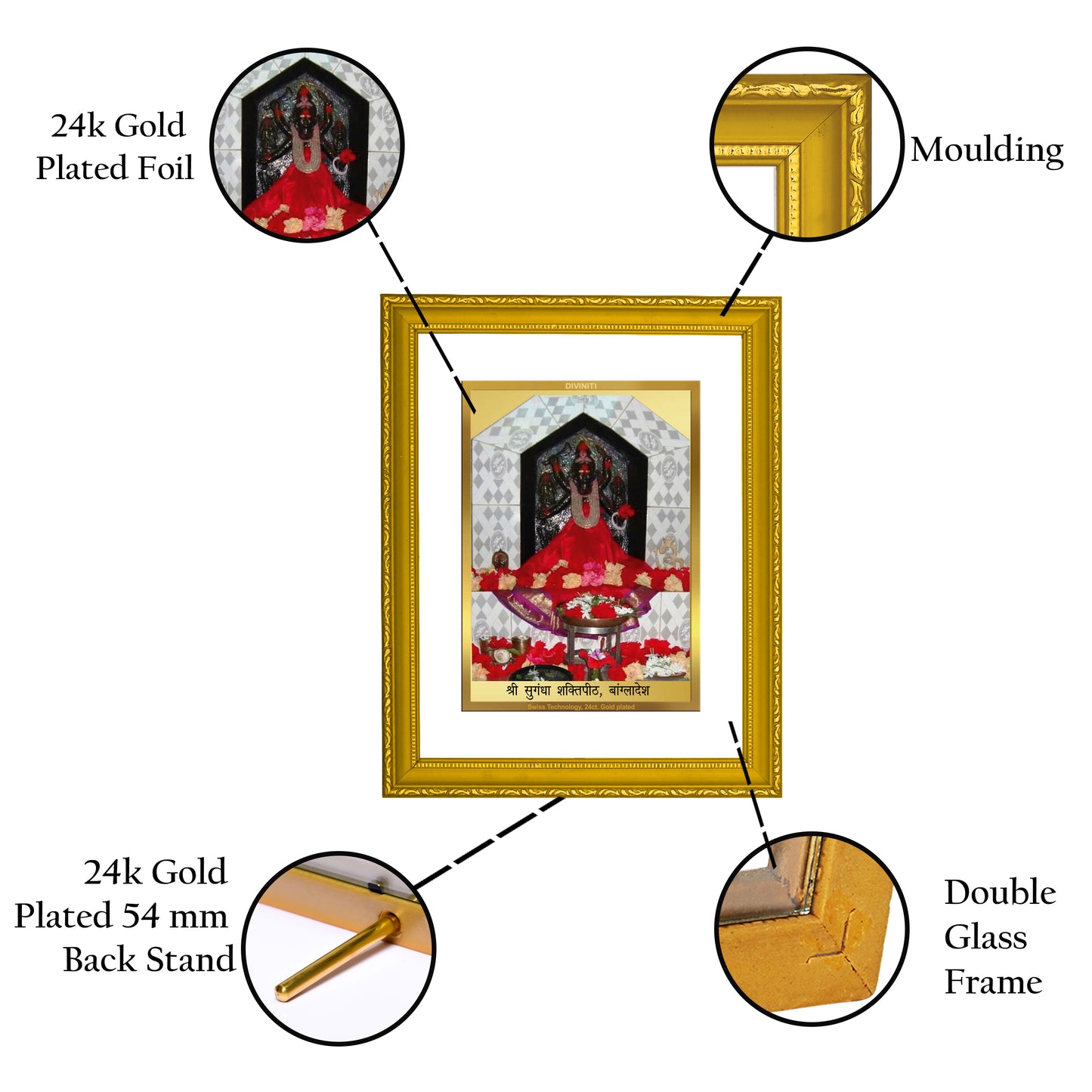 DIVINITI 24K Gold Plated Sugandha Shaktipeeth Photo Frame Idol for Wall Hanging, Workshop, Table Top, Home Decor, Gift|DG101 Size 2 (22.6x18.4 CM)