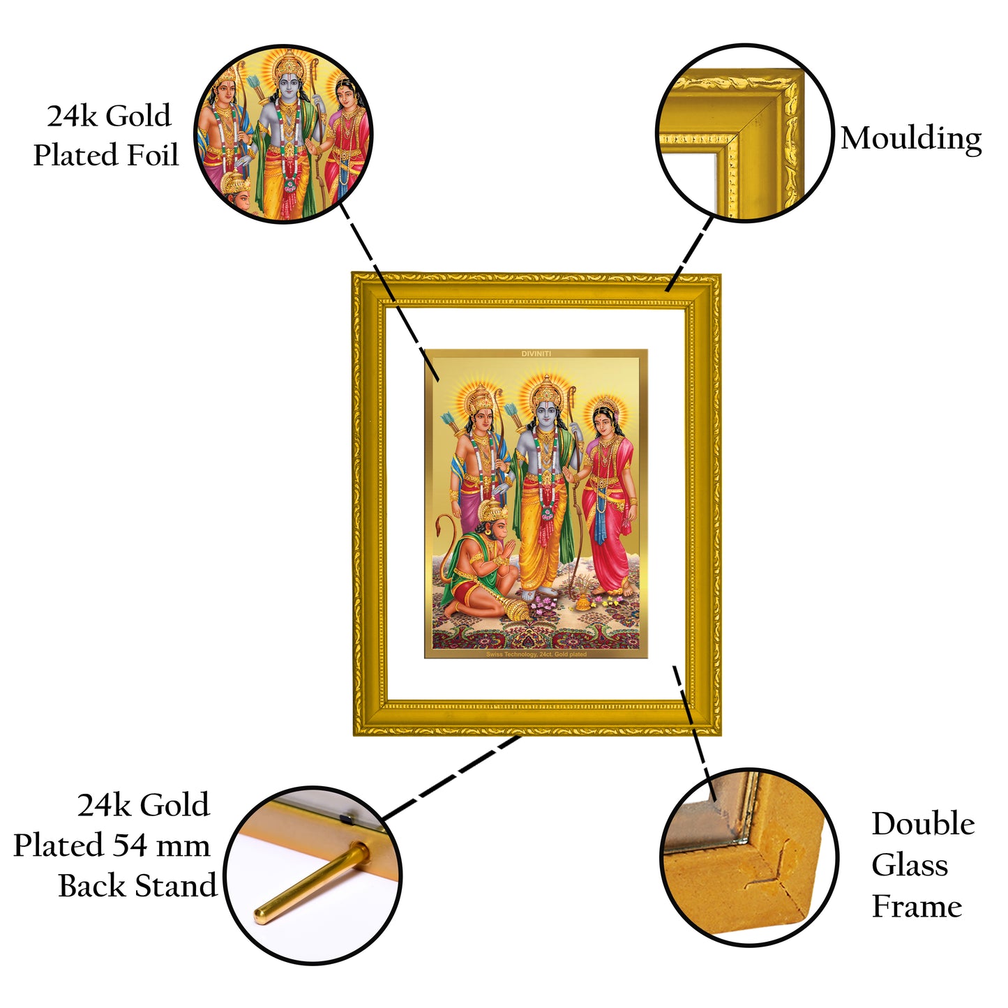 DIVINITI 24K Gold Plated Foil Lord Ram Darbar Exquisite Photo Frame Idol for Workshop, Wall Hanging, Home Decor, Premium Gift|DG101 Size 2 (22.6x18.4 CM)