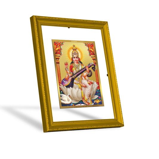 DIVINITI 24K Gold Plated Foil Saraswati Mata Photo Frame Idol for Wall Hanging, Puja Room, Workshop, Home Decor, Gift|DG101 Size 2 (22.6x18.4 CM)