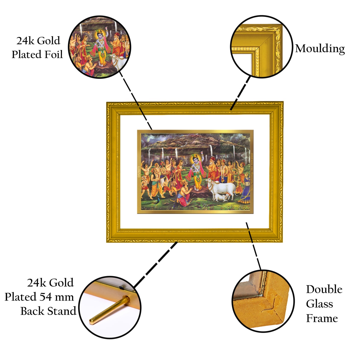 DIVINITI 24K Gold Plated Foil Goverdhan Wall Photo Frame Idol for Home & Office Decor, Workshop, Puja Room, Premium Gift|DG101 Size 2 (22.6x18.4 CM)