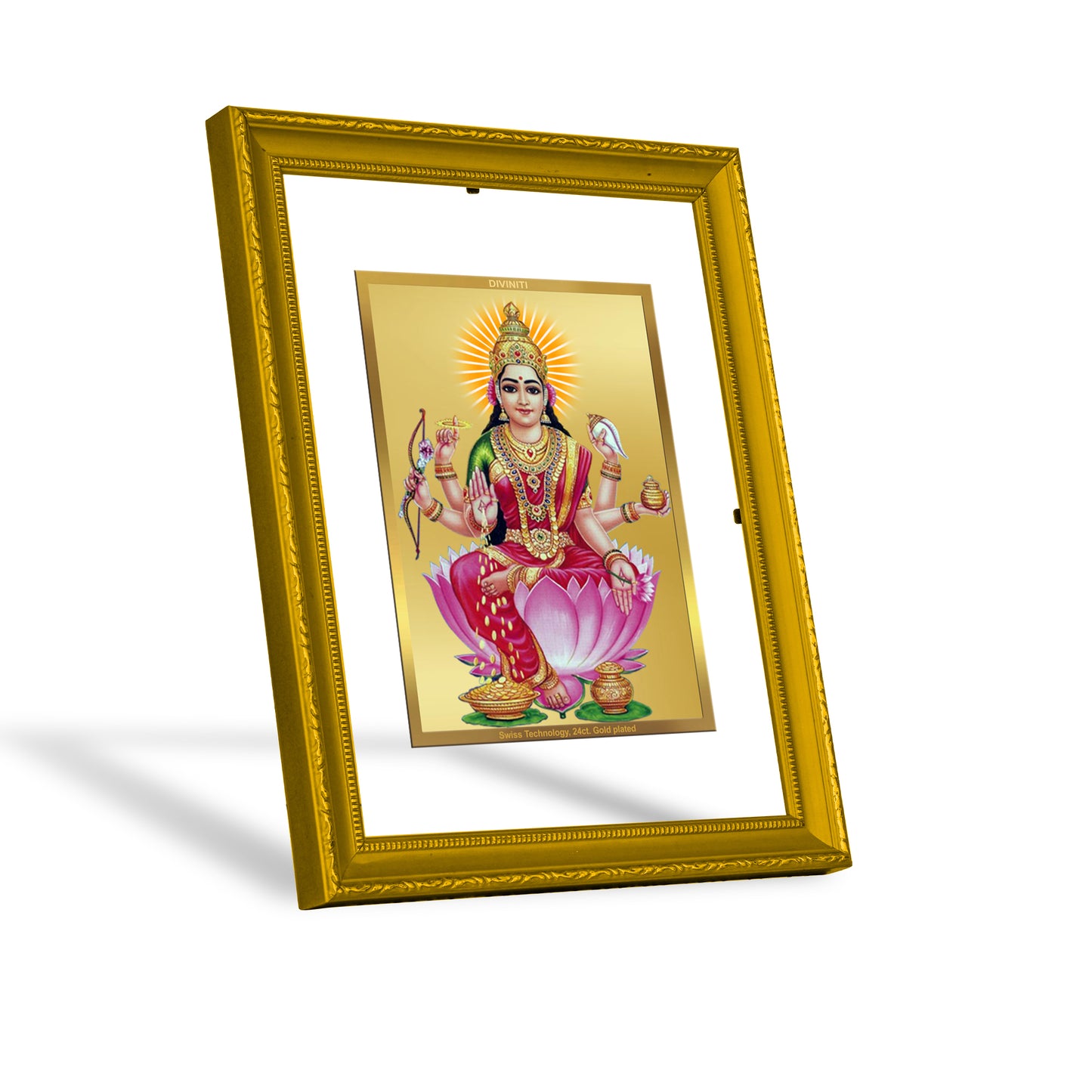 DIVINITI 24K Gold Plated Foil Goddess Dhan Lakshmi Luxurious Photo Frame Idol for Puja Room, Home Decor, Wall Hanging, Gift|DG101 Size 2 (22.6x18.4 CM)
