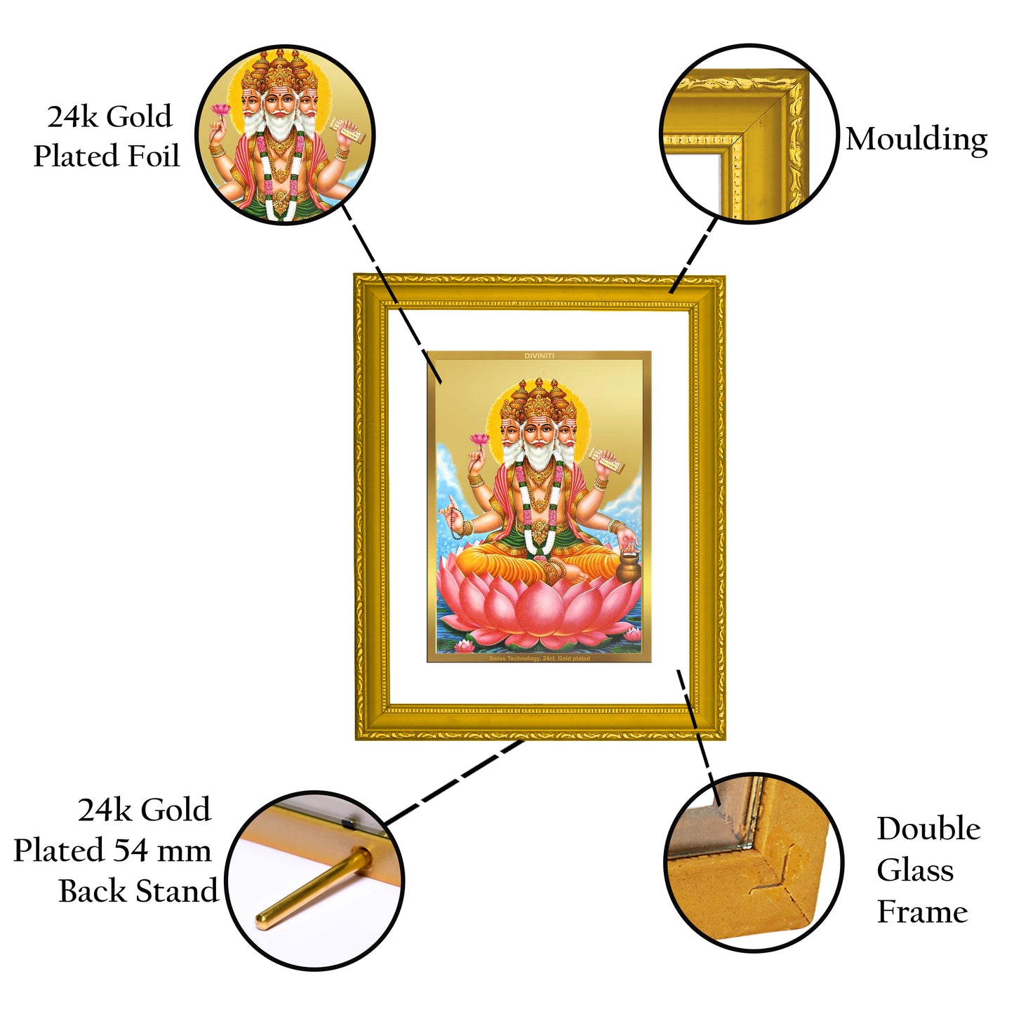 DIVINITI 24K Gold Plated Foil Lord Brahma Elegant Photo Frame Idol for Prayer, Workshop, Wall Hanging, Home Decor, Gift|DG101 Size 2 (22.6x18.4 CM)